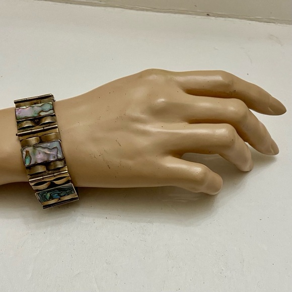 Vintage,  1940s  Silver- Abalone Alpaca Mexico Bracelet 8in x 1in - Picture 11 of 11